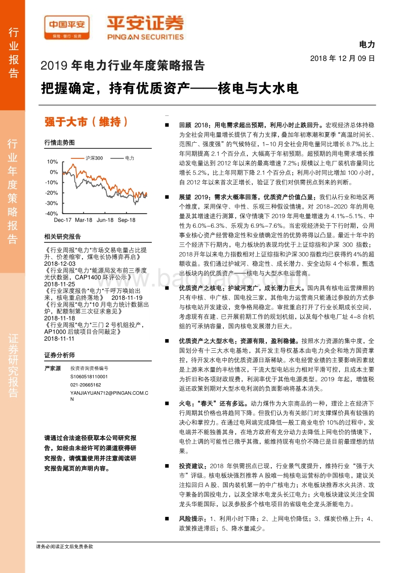 2019年电力行业年度策略报告：把握确定，持有优质资产，核电与大水电.pdf_第1页