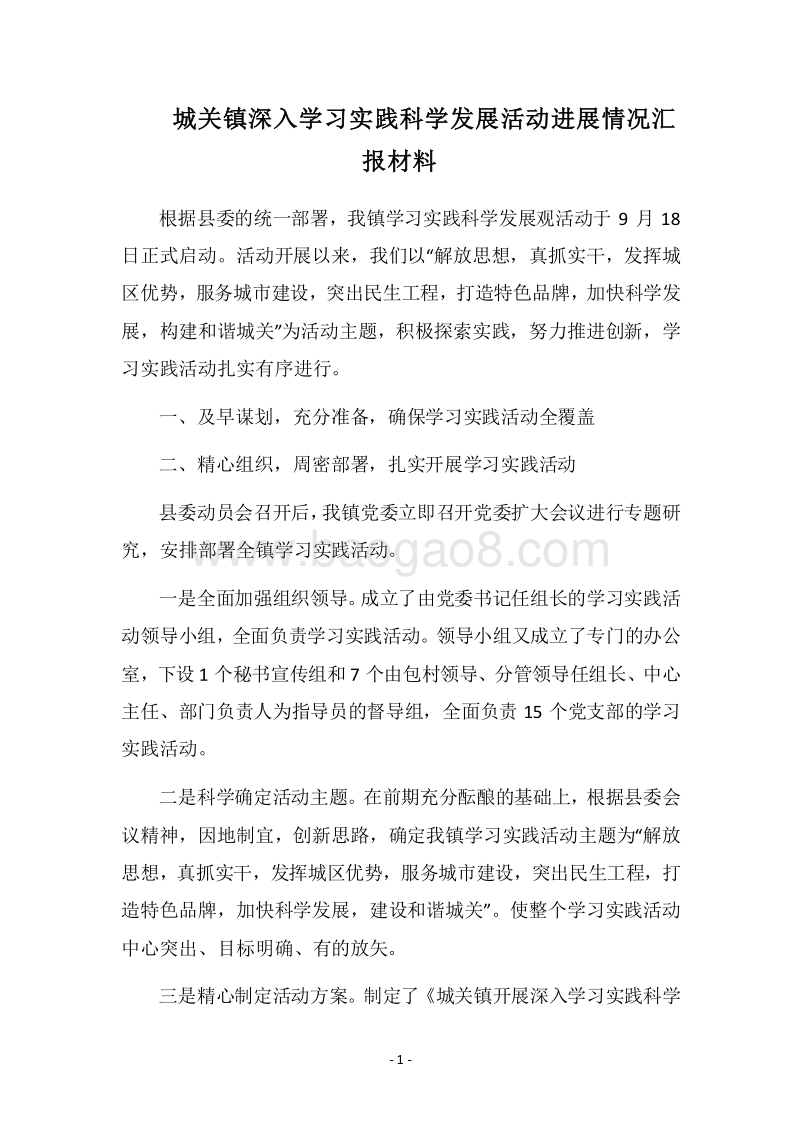 2018-2019城关镇深入学习实践科学发展活动进展情况汇报材料.docx_第1页