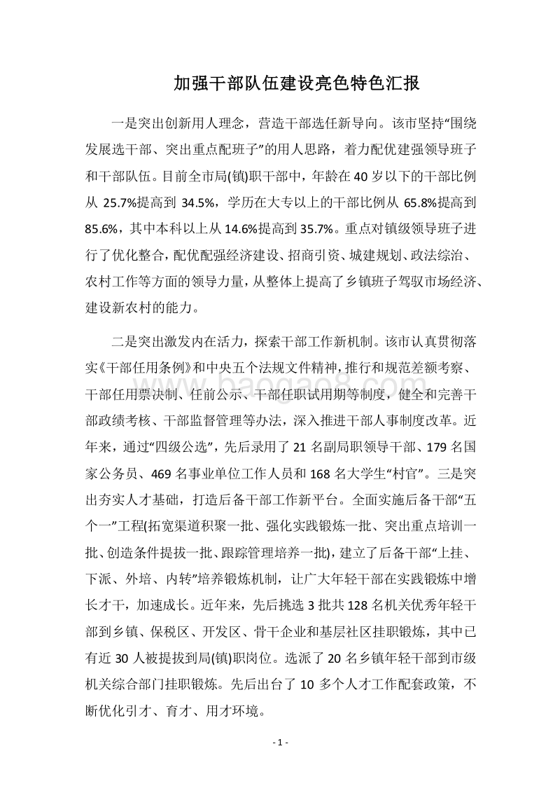 2018加强干部队伍建设亮色特色汇报.docx_第1页