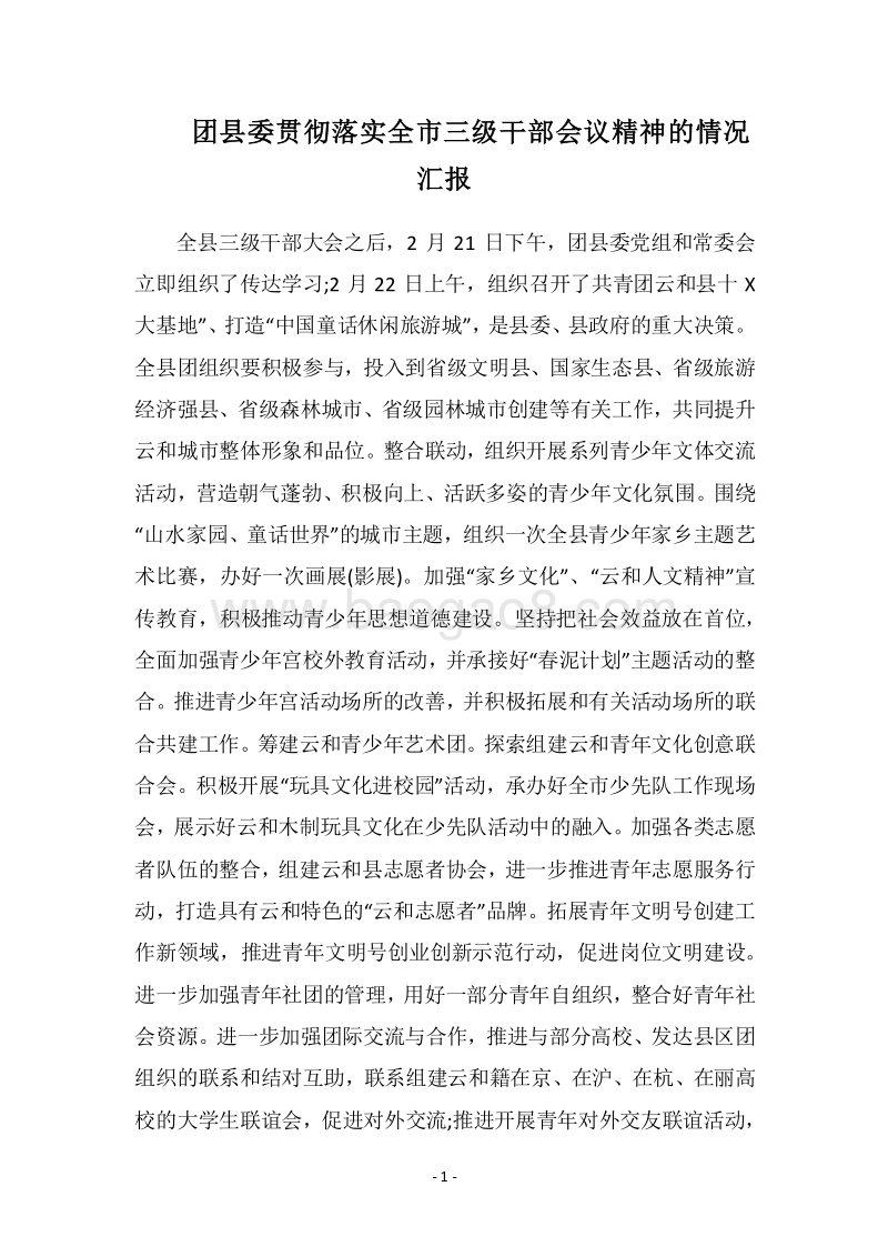 2018团县委贯彻落实全市三级干部会议精神的情况汇报.docx_第1页