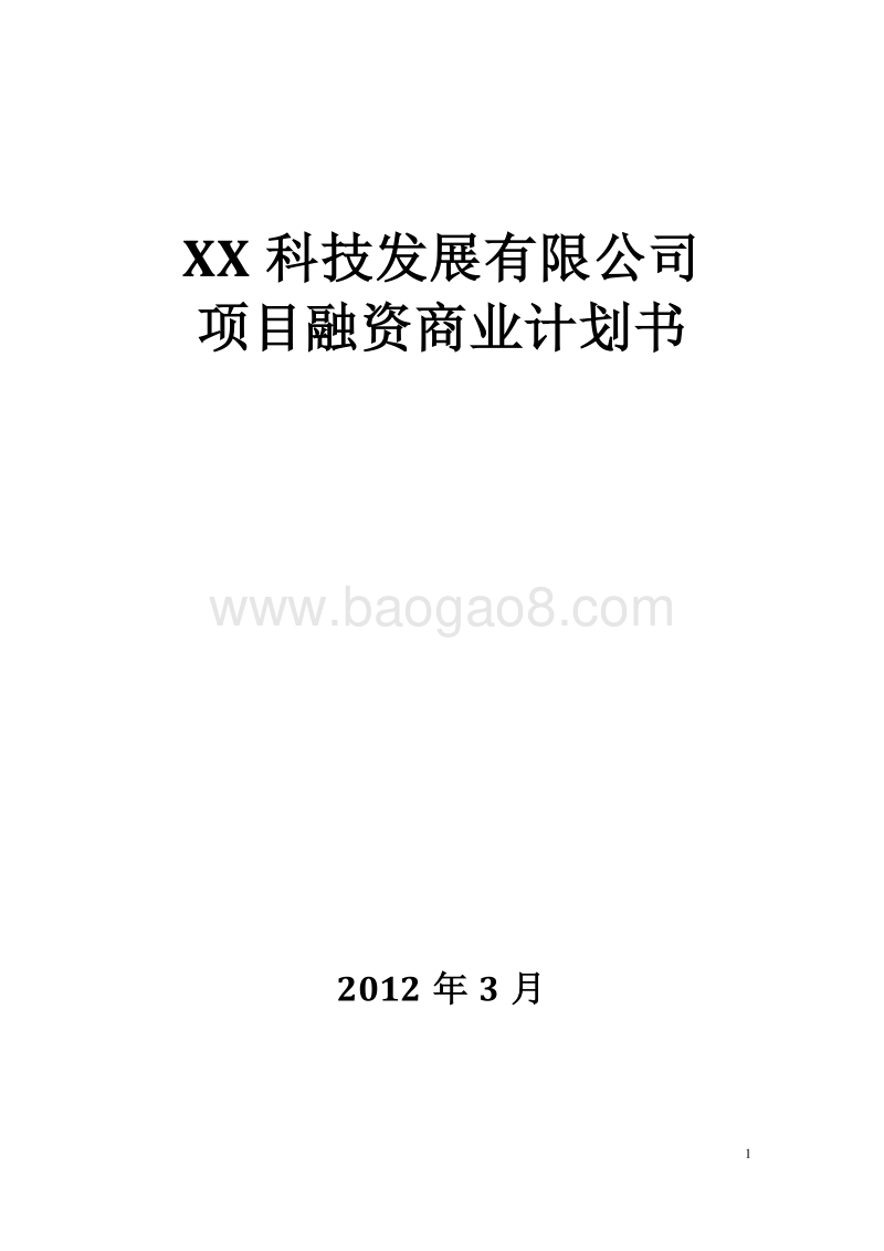 XX科技发展有限公司项目融资商业计划书.doc_第1页
