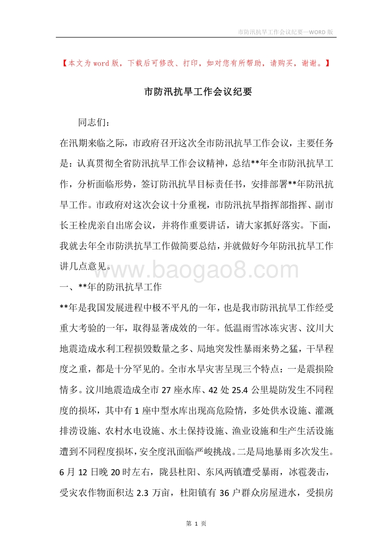 市防汛抗旱工作会议纪要.docx_第1页