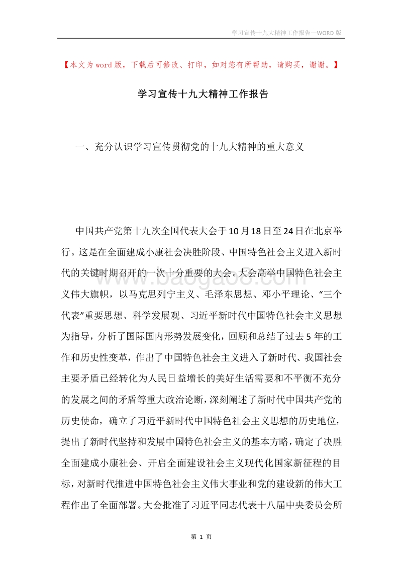 学习宣传十九大精神工作报告.docx_第1页