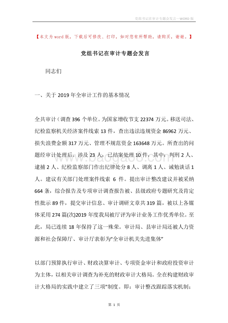 党组书记在审计专题会发言.docx_第1页
