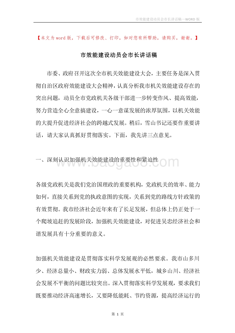 市效能建设动员会市长讲话稿.docx_第1页