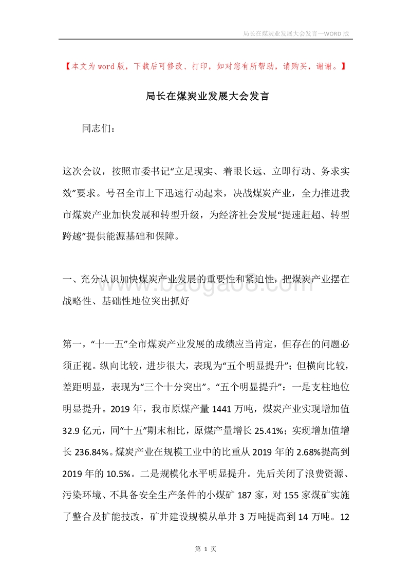 局长在煤炭业发展大会发言.docx_第1页