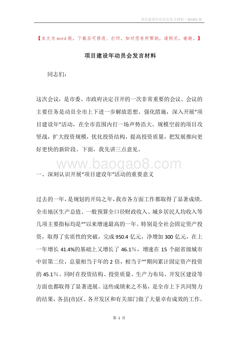 项目建设年动员会发言材料.docx_第1页