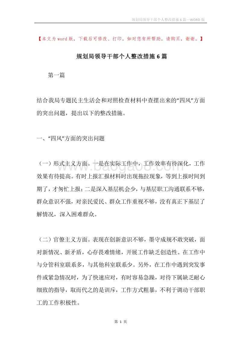 规划局领导干部个人整改措施6篇.docx_第1页