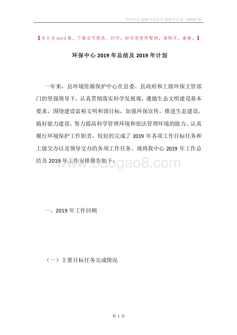 环保中心2019年总结及2019年计划.docx_第1页