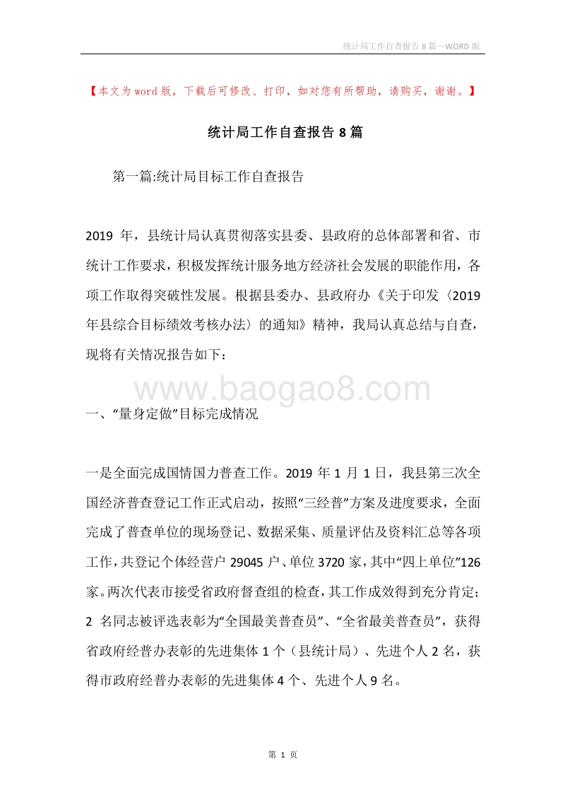 统计局工作自查报告8篇.docx_第1页