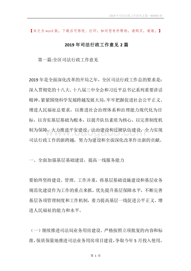 2019年司法行政工作意见2篇.docx_第1页