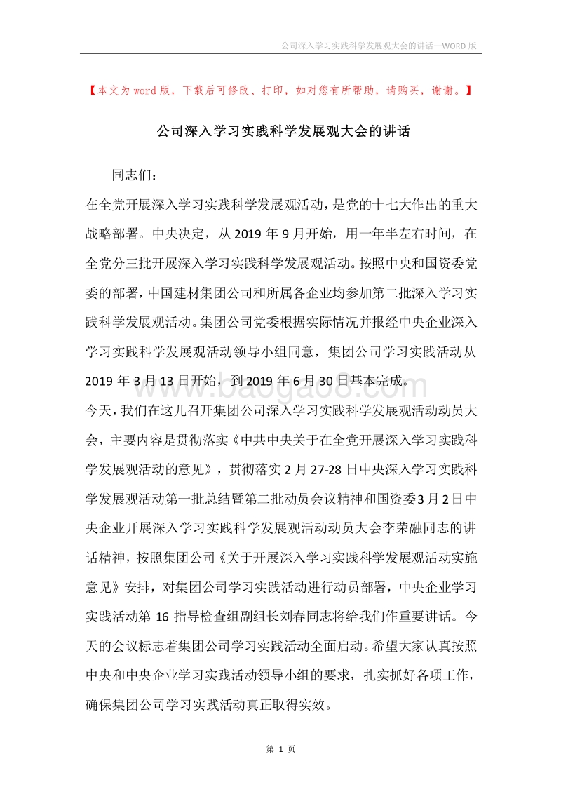 公司深入学习实践科学发展观大会的讲话.docx_第1页