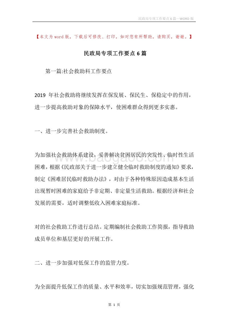 民政局专项工作要点6篇.docx_第1页