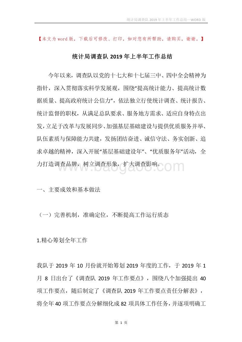 统计局调查队2019年上半年工作总结.docx_第1页