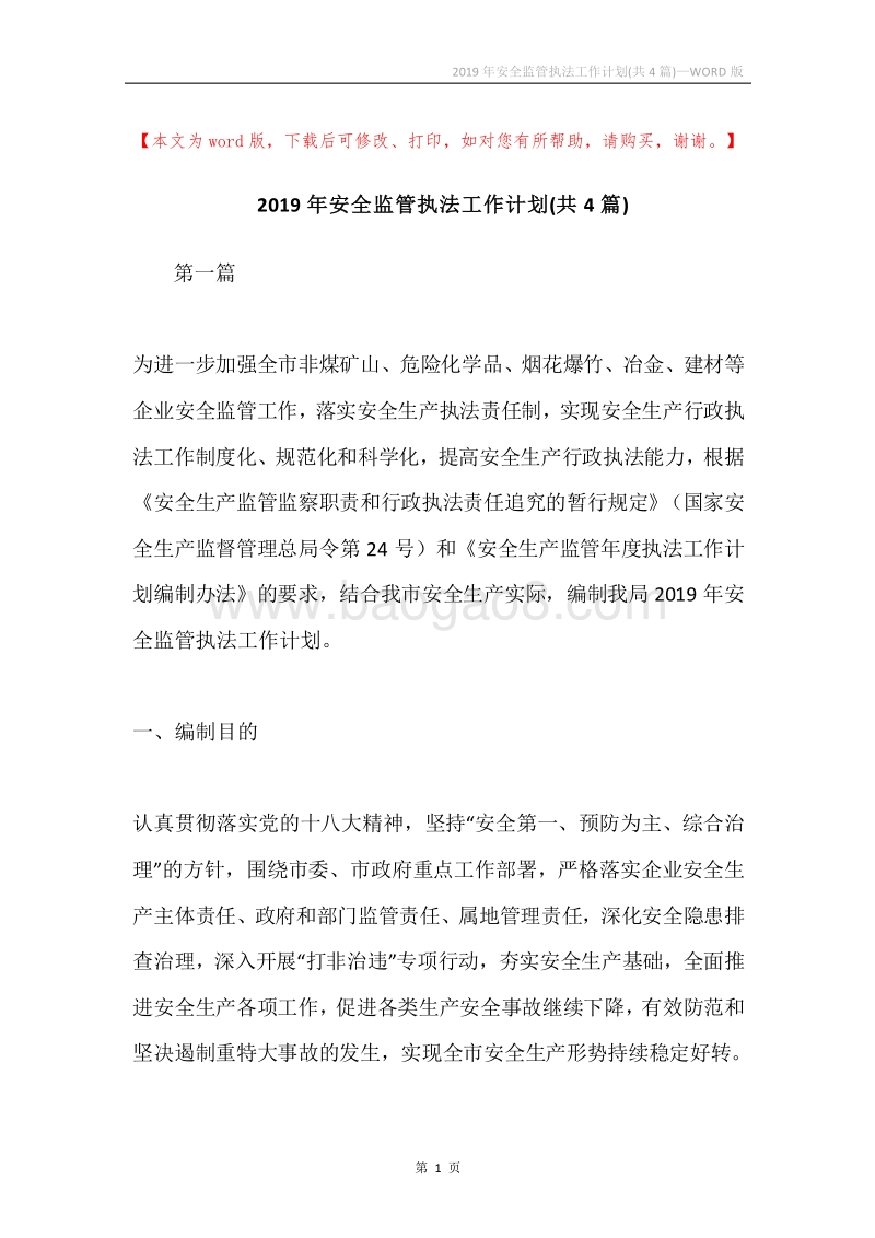 2019年安全监管执法工作计划(共4篇).docx_第1页