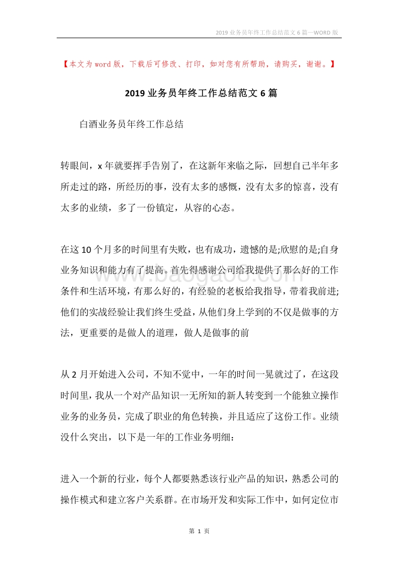 2019业务员年终工作总结范文6篇.docx_第1页