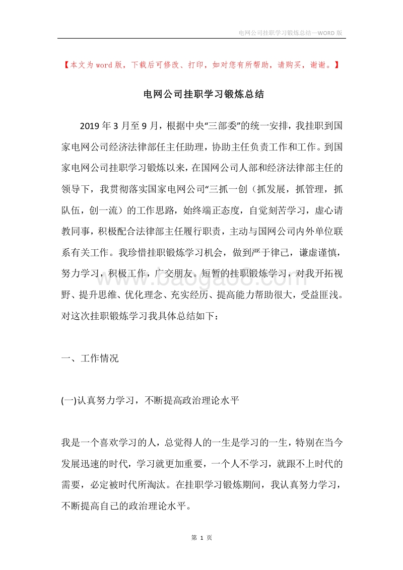 电网公司挂职学习锻炼总结.docx_第1页