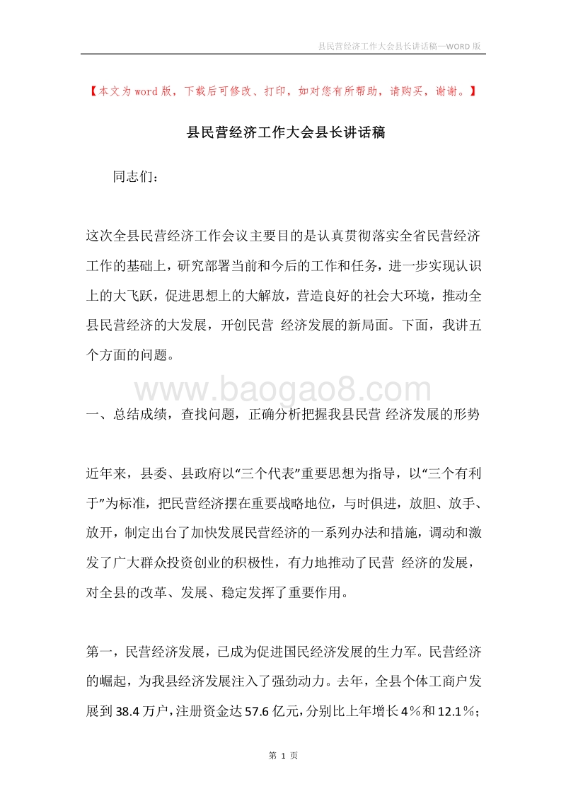 县民营经济工作大会县长讲话稿.docx_第1页
