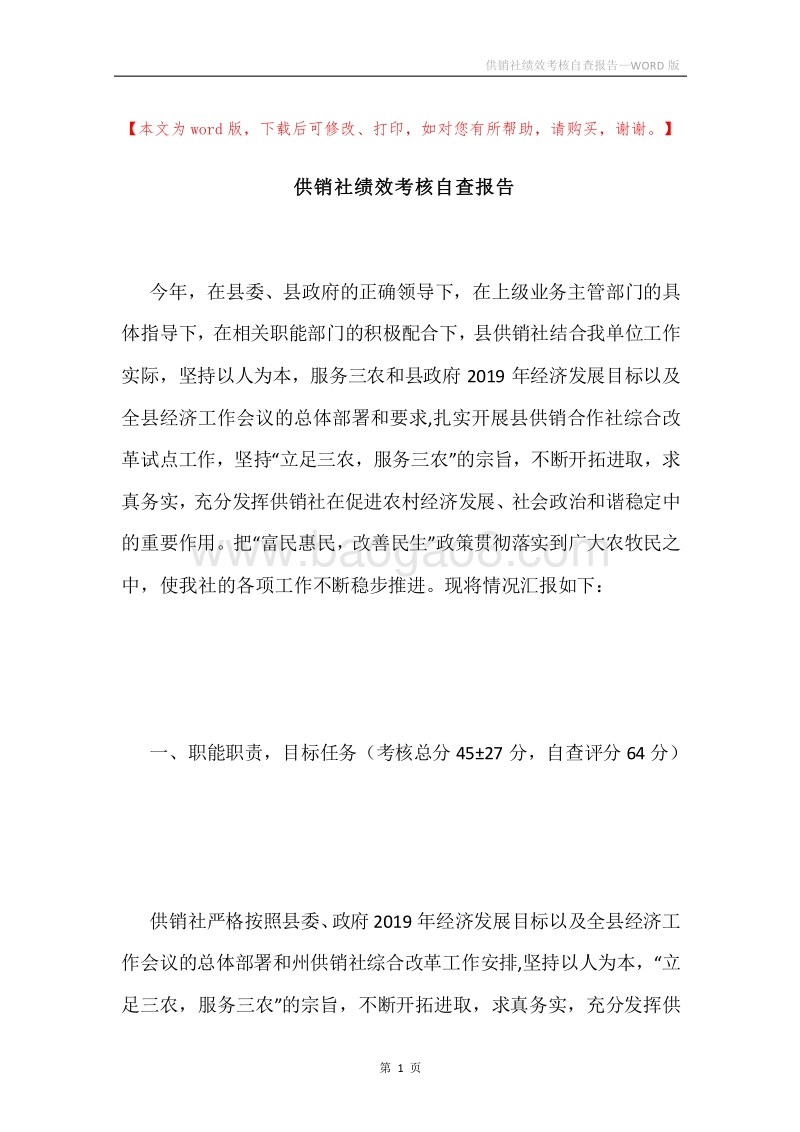 供销社绩效考核自查报告.docx_第1页