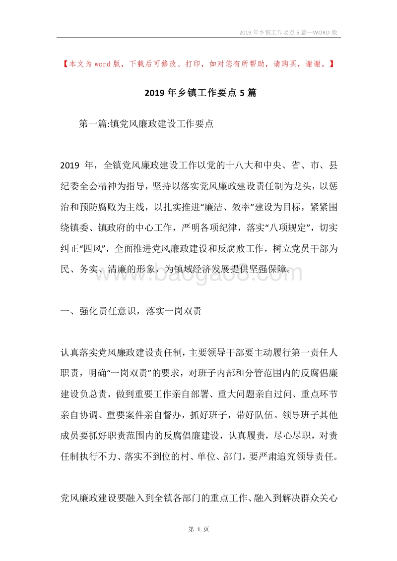 2019年乡镇工作要点5篇.docx_第1页