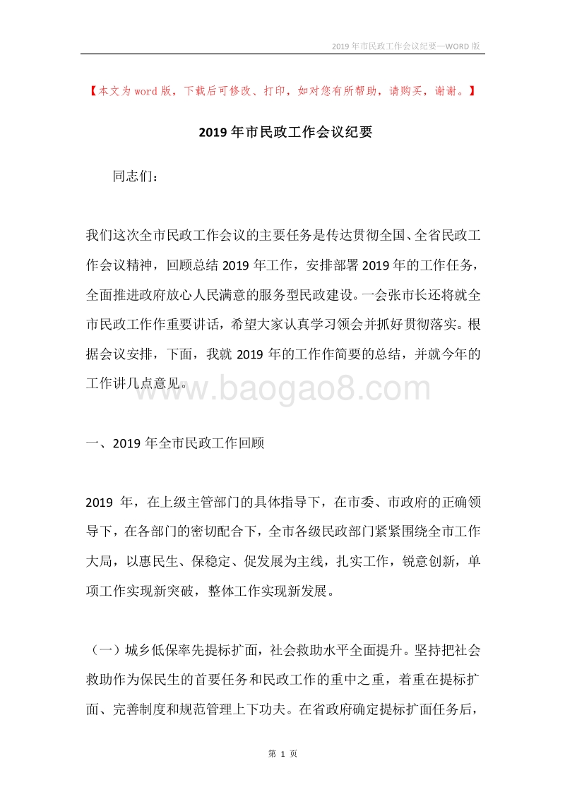 2019年市民政工作会议纪要.docx_第1页