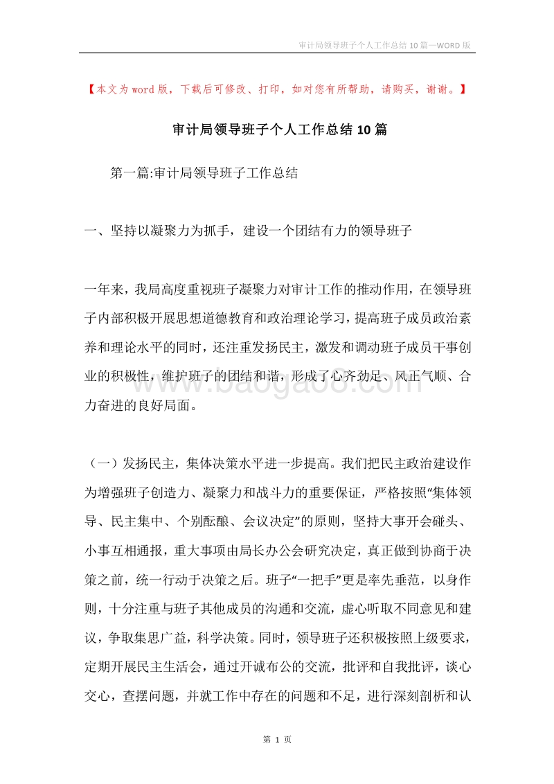 审计局领导班子个人工作总结10篇.docx_第1页