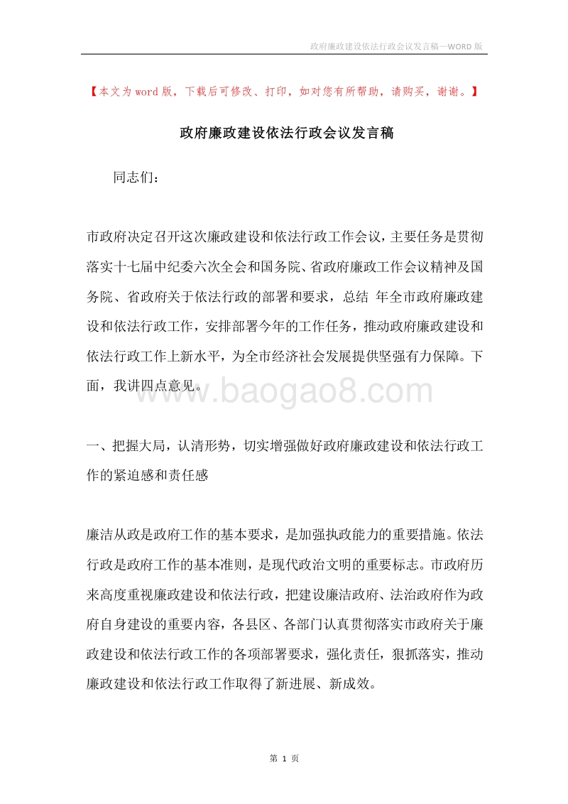 政府廉政建设依法行政会议发言稿.docx_第1页