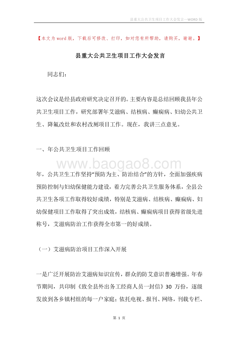 县重大公共卫生项目工作大会发言.docx_第1页