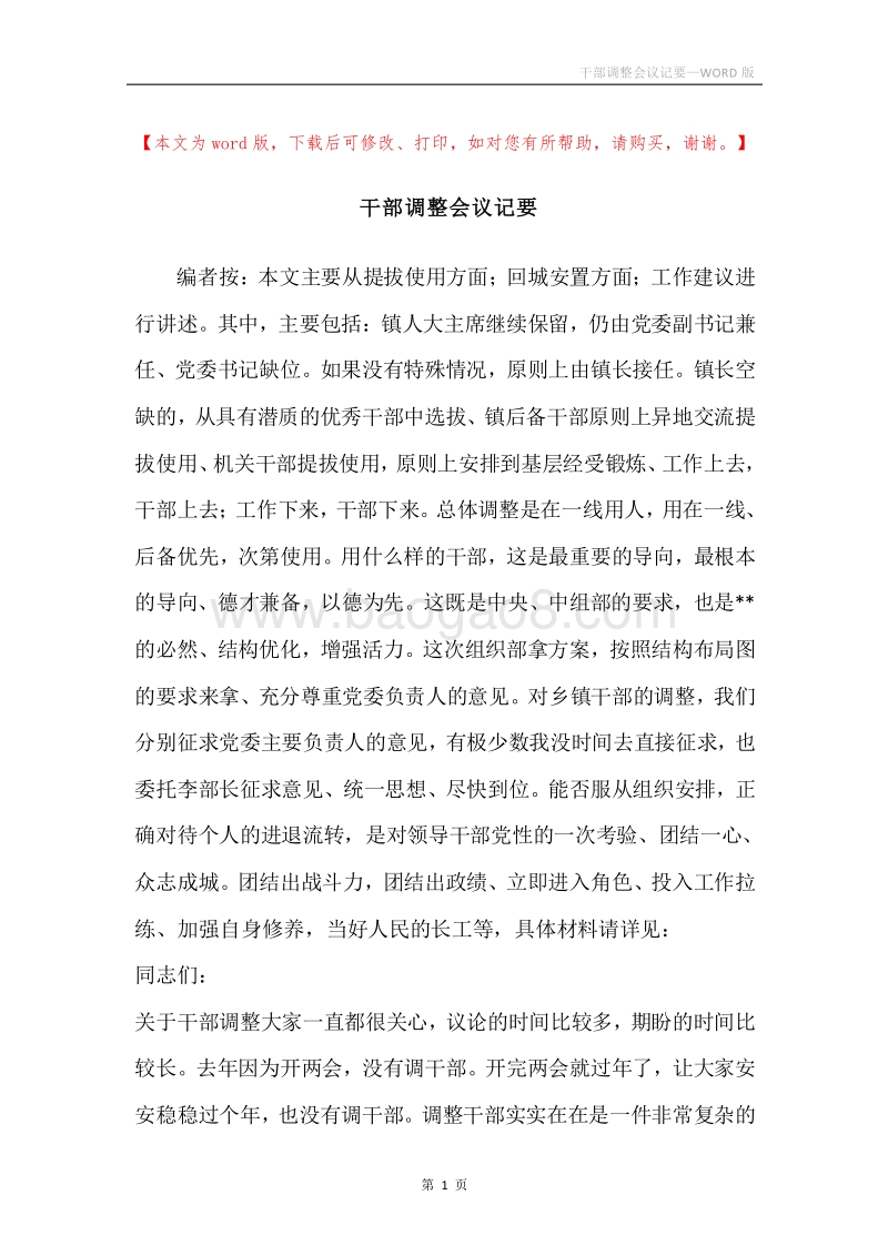 干部调整会议记要.docx_第1页