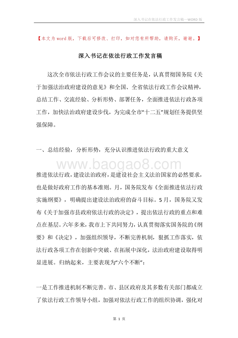 深入书记在依法行政工作发言稿.docx_第1页