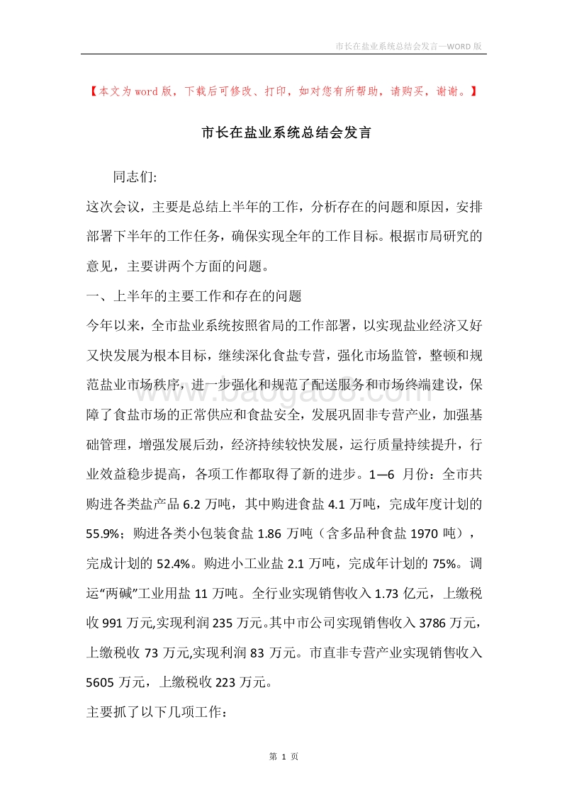 市长在盐业系统总结会发言.docx_第1页