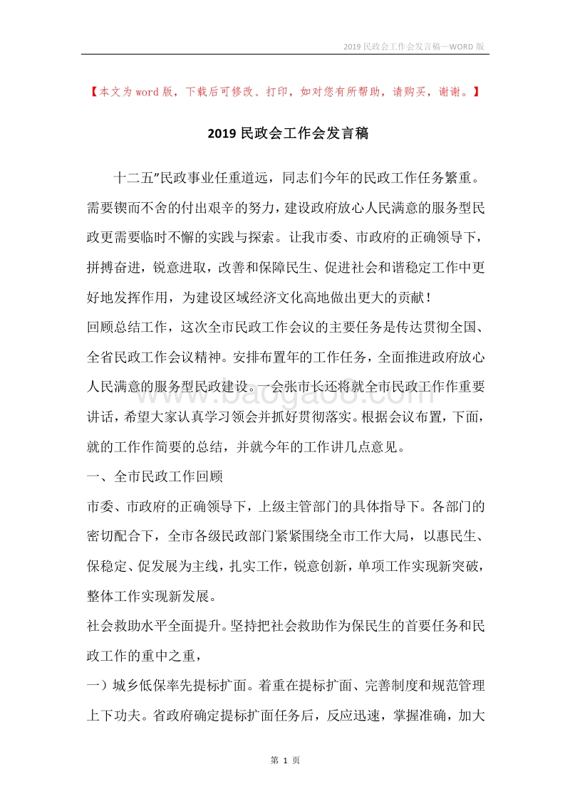 2019民政会工作会发言稿.docx_第1页