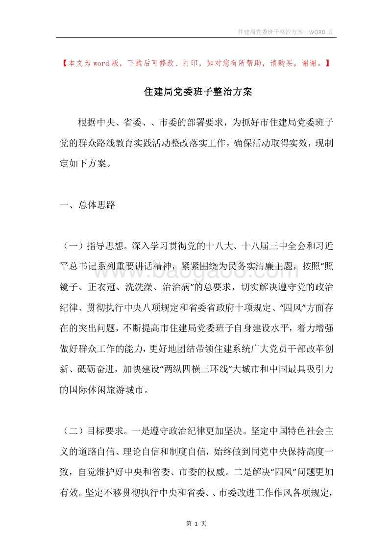 住建局党委班子整治方案.docx_第1页