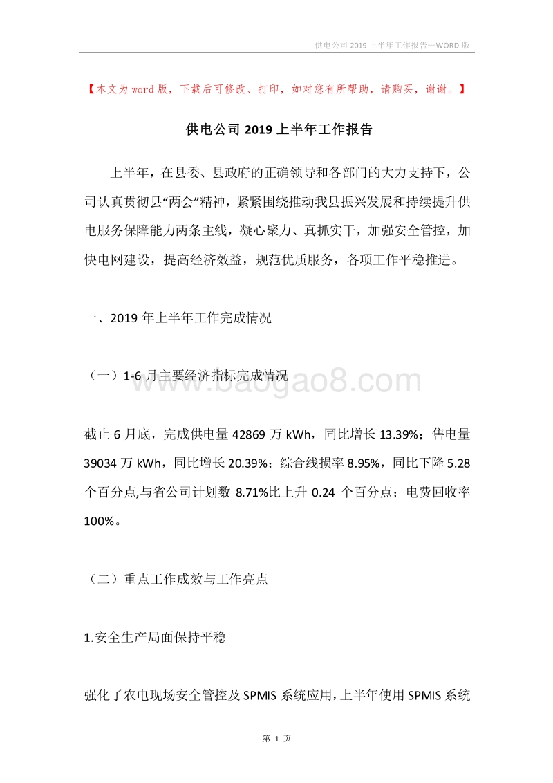 供电公司2019上半年工作报告.docx_第1页