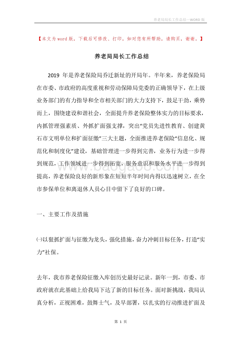 养老局局长工作总结.docx_第1页