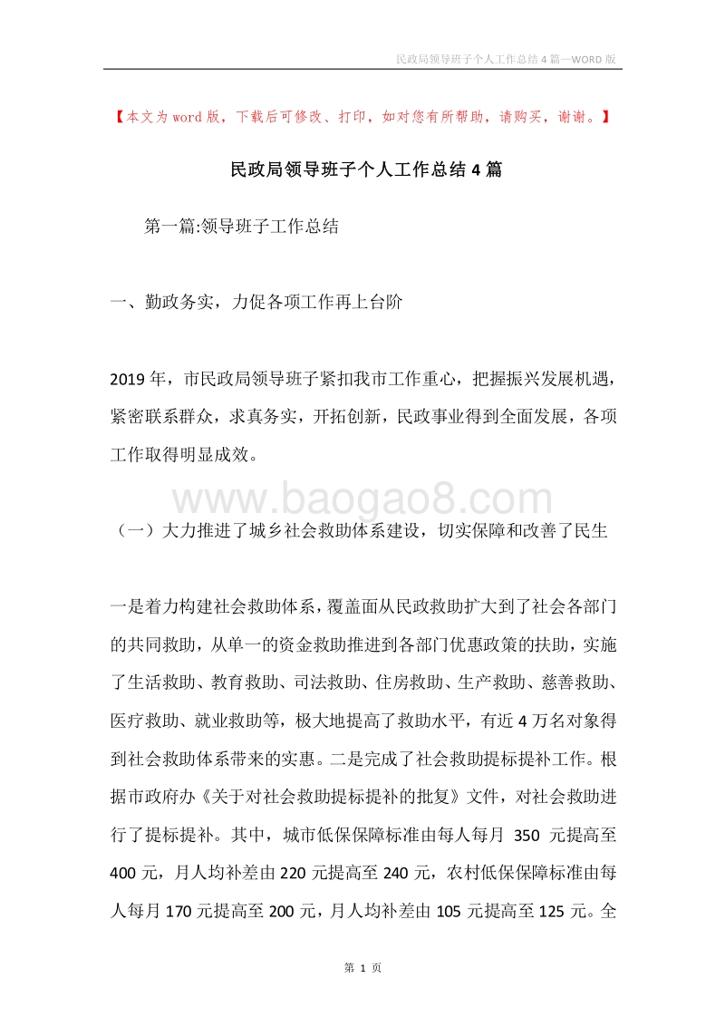 民政局领导班子个人工作总结4篇.docx_第1页