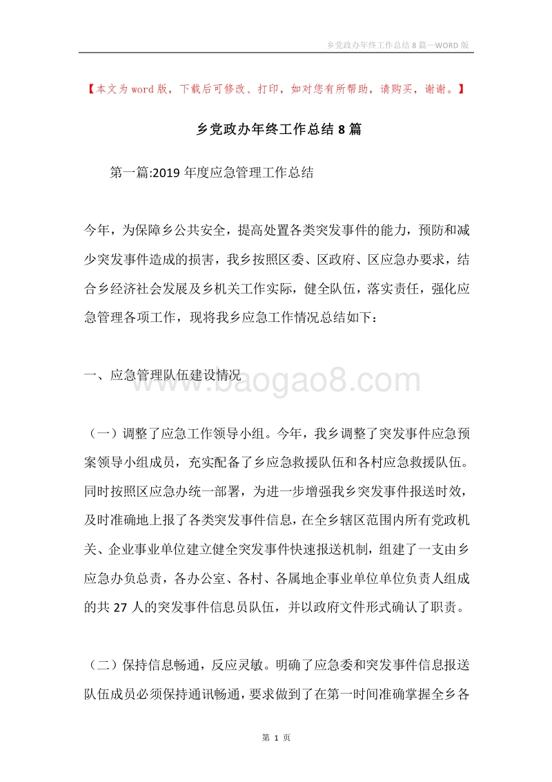 乡党政办年终工作总结8篇.docx_第1页