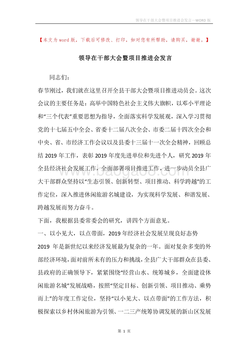 领导在干部大会暨项目推进会发言.docx_第1页