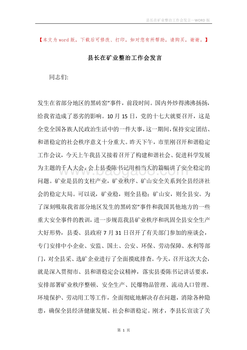 县长在矿业整治工作会发言.docx_第1页