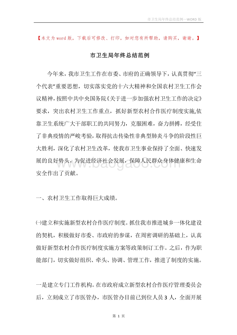 市卫生局年终总结范例.docx_第1页