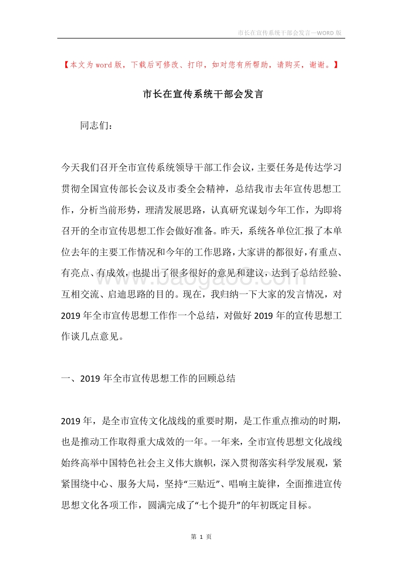 市长在宣传系统干部会发言.docx_第1页