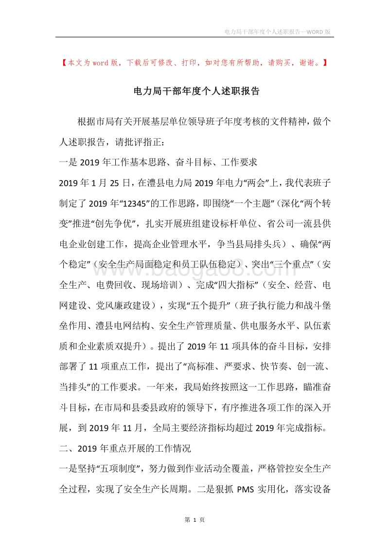 电力局干部年度个人述职报告.docx_第1页