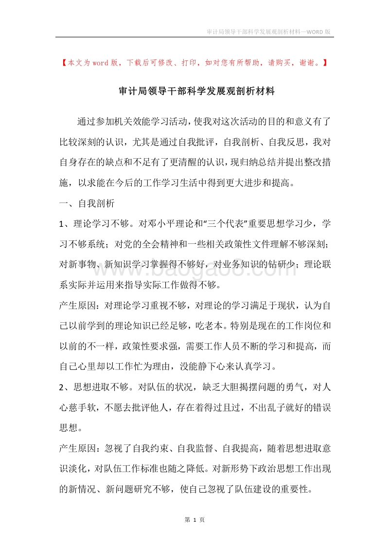 审计局领导干部科学发展观剖析材料_1.docx_第1页