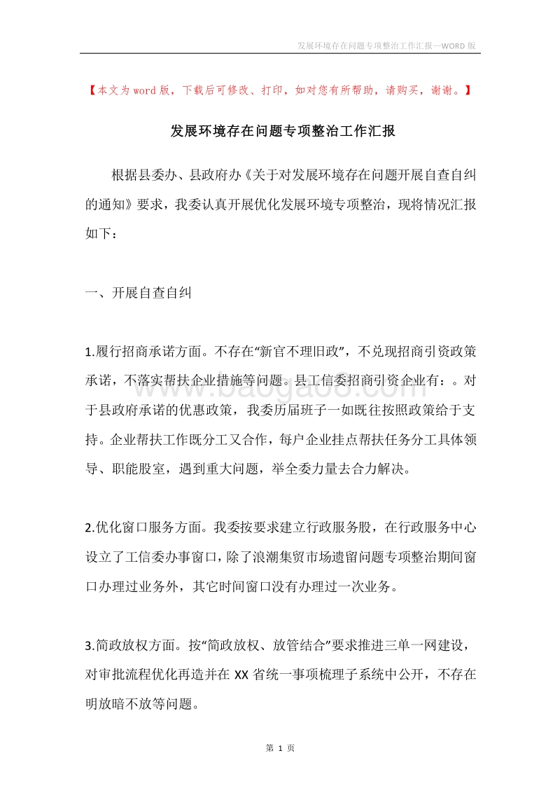 发展环境存在问题专项整治工作汇报.docx_第1页