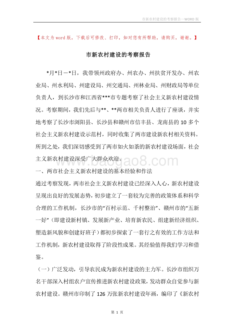 市新农村建设的考察报告.docx_第1页