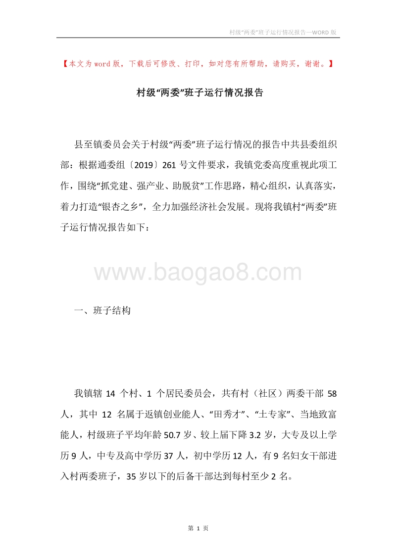 村级“两委”班子运行情况报告.docx_第1页