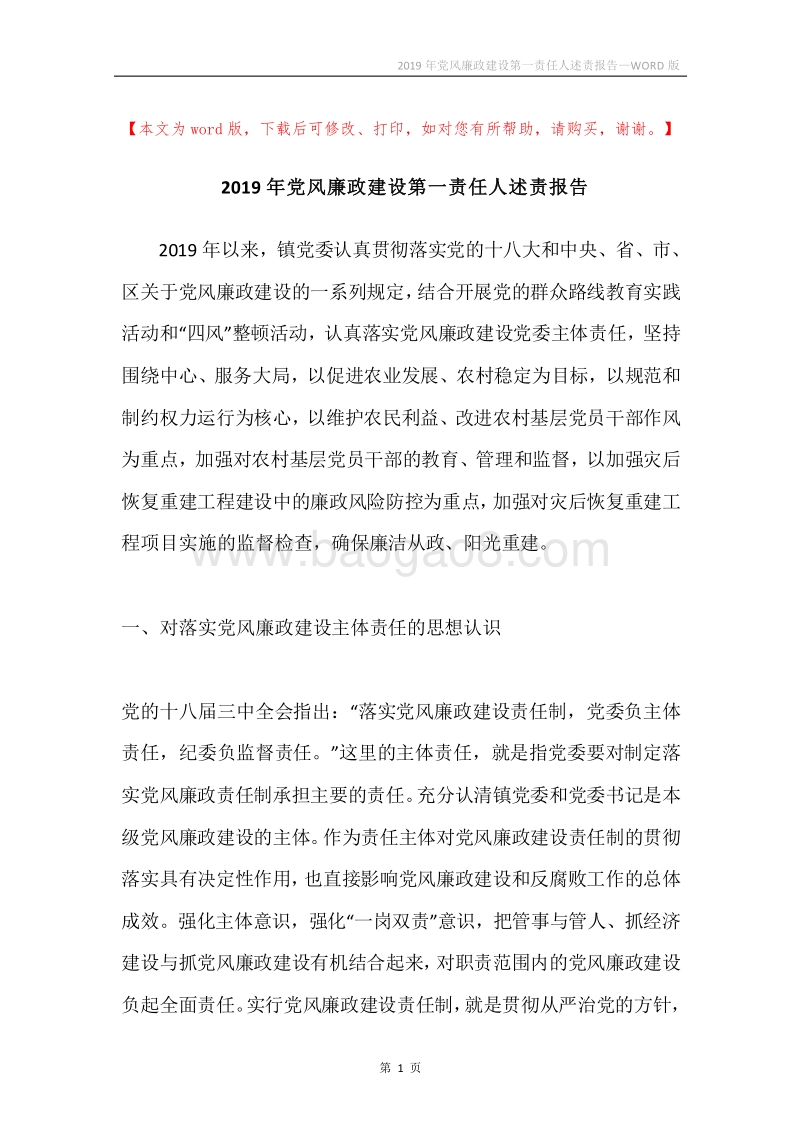 2019年党风廉政建设第一责任人述责报告.docx_第1页