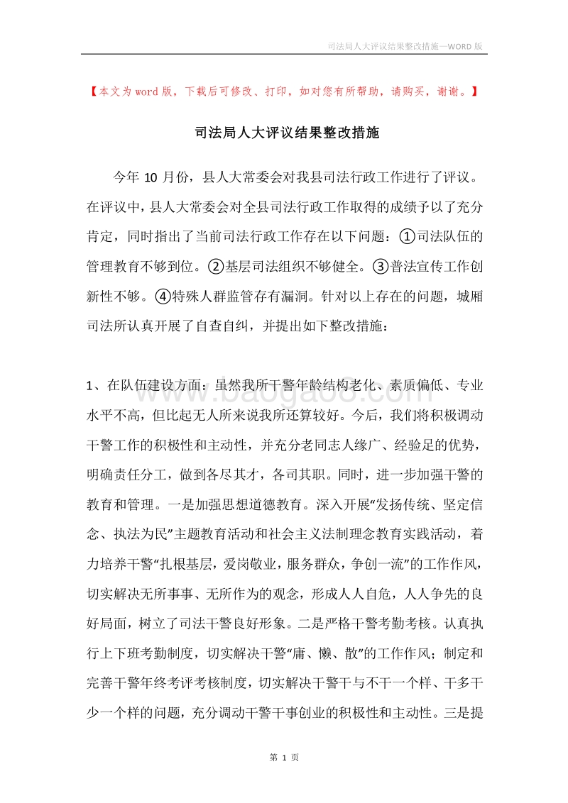 司法局人大评议结果整改措施.docx_第1页