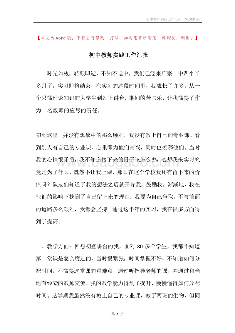 初中教师实践工作汇报.docx_第1页