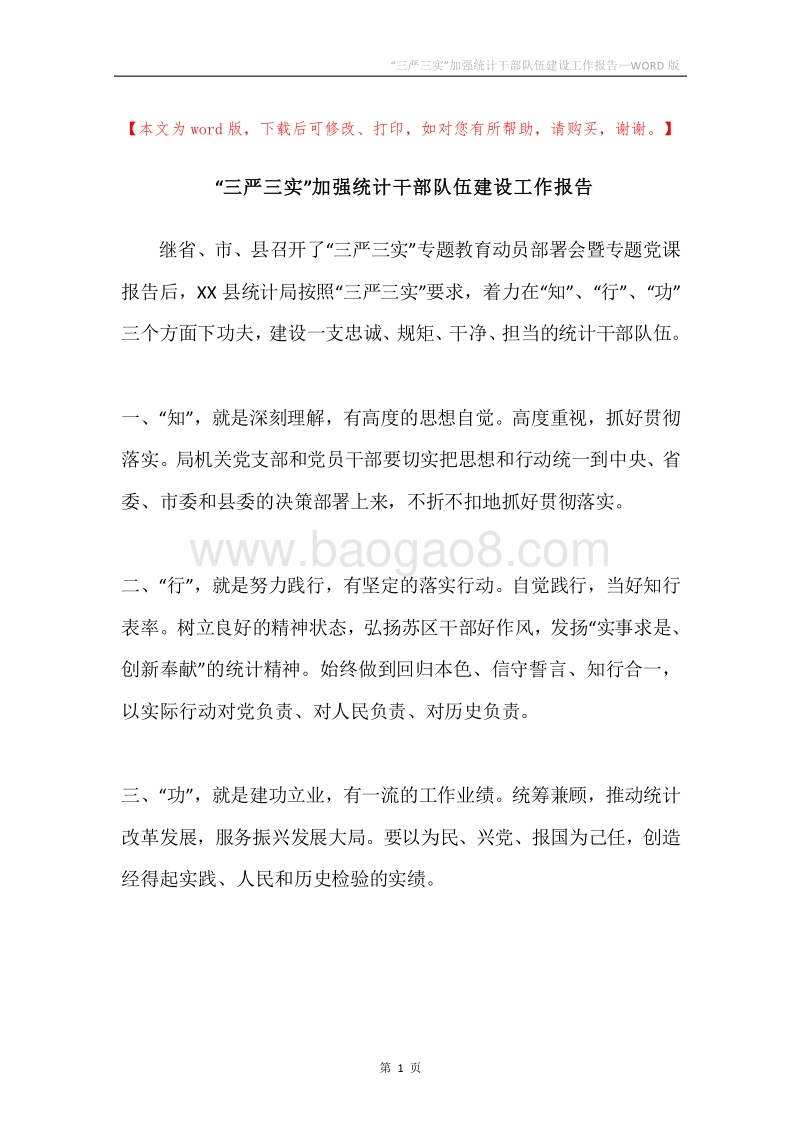 “三严三实”加强统计干部队伍建设工作报告.docx_第1页